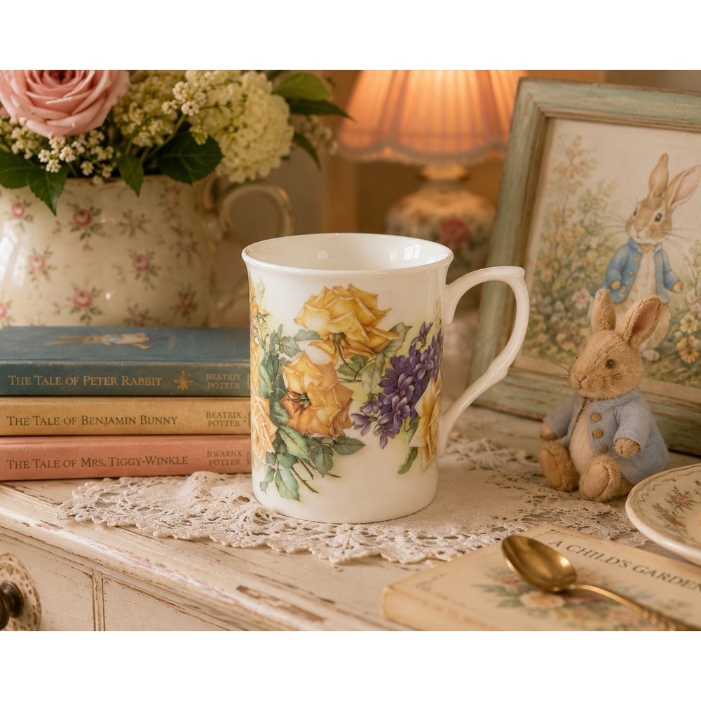 Stechcol Gracie Bone China 9 oz Floral Coffee Mug Roses & Violets Tea Cup